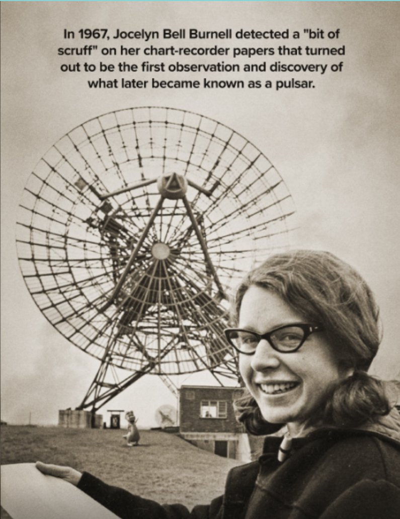 Jocelyn Bell Burnell outside Cambridge University's radio telescope holding the paper recording her discovery of the 1st pulsar. 