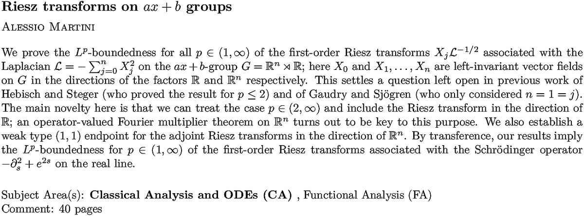 arxiv.org/abs/2211.13924…
A Martini
Riesz transforms on $ax+b$ groups
