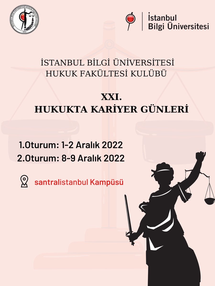 İstanbul Bilgi Üniversitesi Hukuk Fakültesi Kulübü olarak her sene düzenlediğimiz “Hukukta Kariyer Günleri” etkinliğimizin 21’incisi ile bu sene sizlerleyiz.

Etkinliğimiz, 1-2 Aralık ve 8-9 Aralık günleri olmak üzere 4 gün boyunca Satralİstanbul kampüsünde gerçekleşecektir.