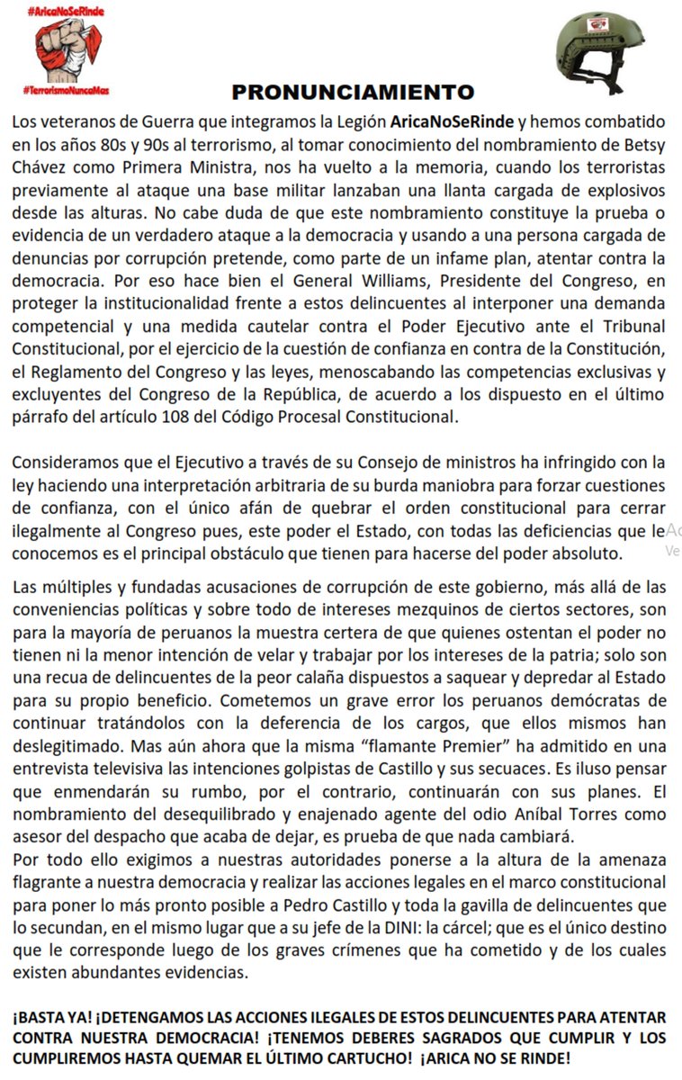 El desgobierno de Pedro Castillo ya transita en la ilegalidad. Los patriotas debemos estar alertas y prepararnos para los embates de un gobierno delincuencial que solo busca desesperadamente salvarse de la cárcel.