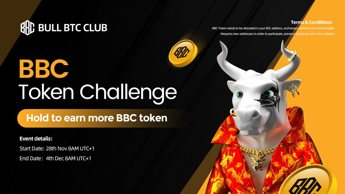 Second wave of holding challenge is here !
Hold 100 - 2000 BBC will be entitled for BBC token airdrop !
A total of  100,000 BBC Token will be given out equally among the holders who fulfill the request.

#BBC #Airdrop #Challenge