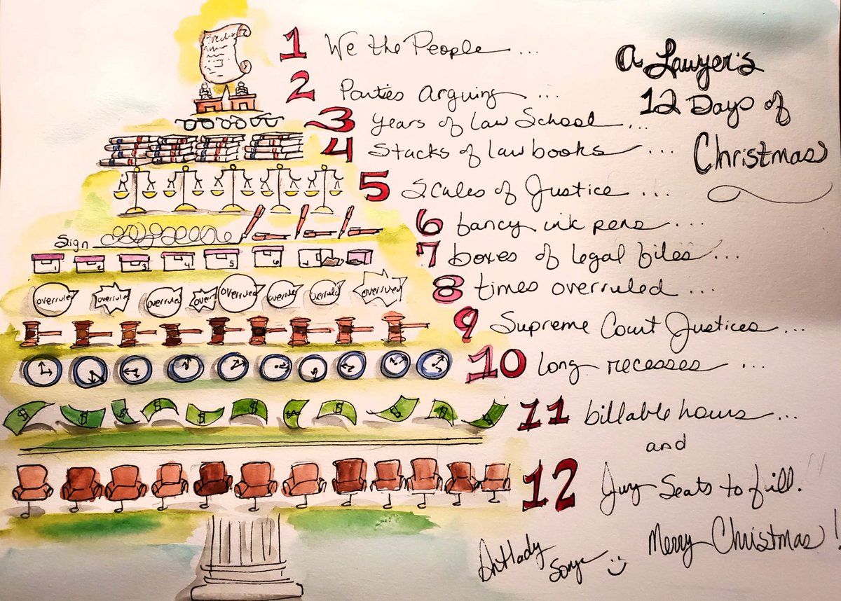 Artladysonya's tweet photo. And again this year, here is A Lawyer's 12 Days of Christmas by Artlady, for you to enjoy.  I forgot about it until I stumbled across the photo again.  And again I apologize for not giving you more billable hours😅. #lawtwitter #apellatetwitter https://t.co/5nNjn9IruQ