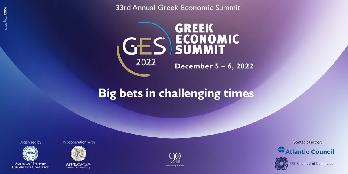 AmChamGr's tweet image. ✳️--Τhe 33rd Annual Greek Economic Summit (#GES2022) "Big Bets in Challenging Times"
🗓--December 5-6, 2022
📍--Athenaeum InterContinental Athens Hotel
✍🏻--Registration: lnkd.in/dTjF5_6B
📖--Agenda: lnkd.in/duc24Kyd
🗣--Speakers: lnkd.in/dkFhpDs
#AmChamGR