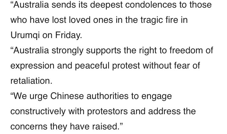 Statement on protests in China from a spox for Foreign Minister Penny Wong. Australia urges China to “engage constructively” with protesters and address their concerns. (Worth noting briefly: this statement is in response to a media query)