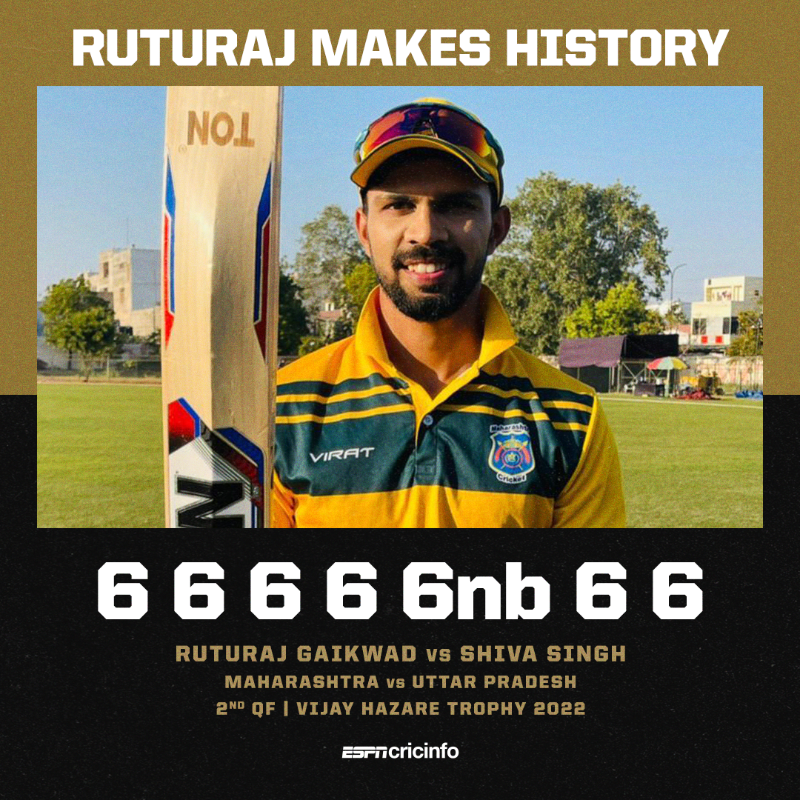cricinfo's tweet photo. SEVEN sixes in the over 🤯

Ruturaj Gaikwad becomes the FIRST batter in limited-overs cricket to score 43 runs in a single over 🔥 #VijayHazareTrophy