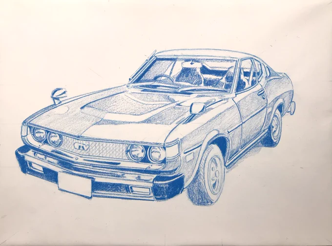 F4号。シアン版1回目開始。ちょっと歪んだな。修正効くかな。#色鉛筆画 #自動車画 #林亮太 #5色描画 