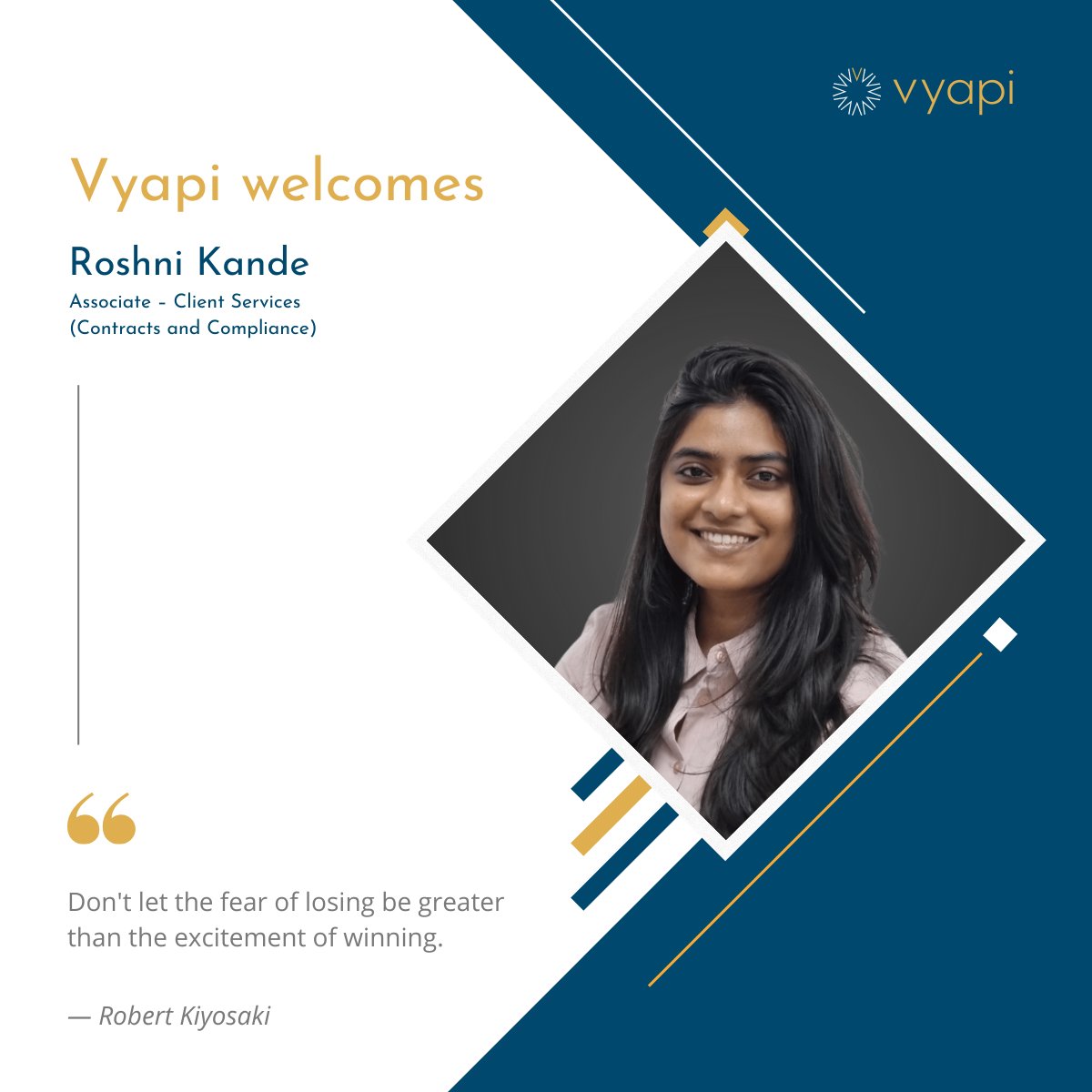 vyapi4contracts's tweet photo. With great pleasure, we announce that Roshni Kande has joined Vyapi as an Associate - Client Services at Vyapi (Contracts and Compliance). The #Vyapi team looks forward to a great work relationship with her onboard.
#alsp #legalops #newhiring https://t.co/nREu6G1FFv