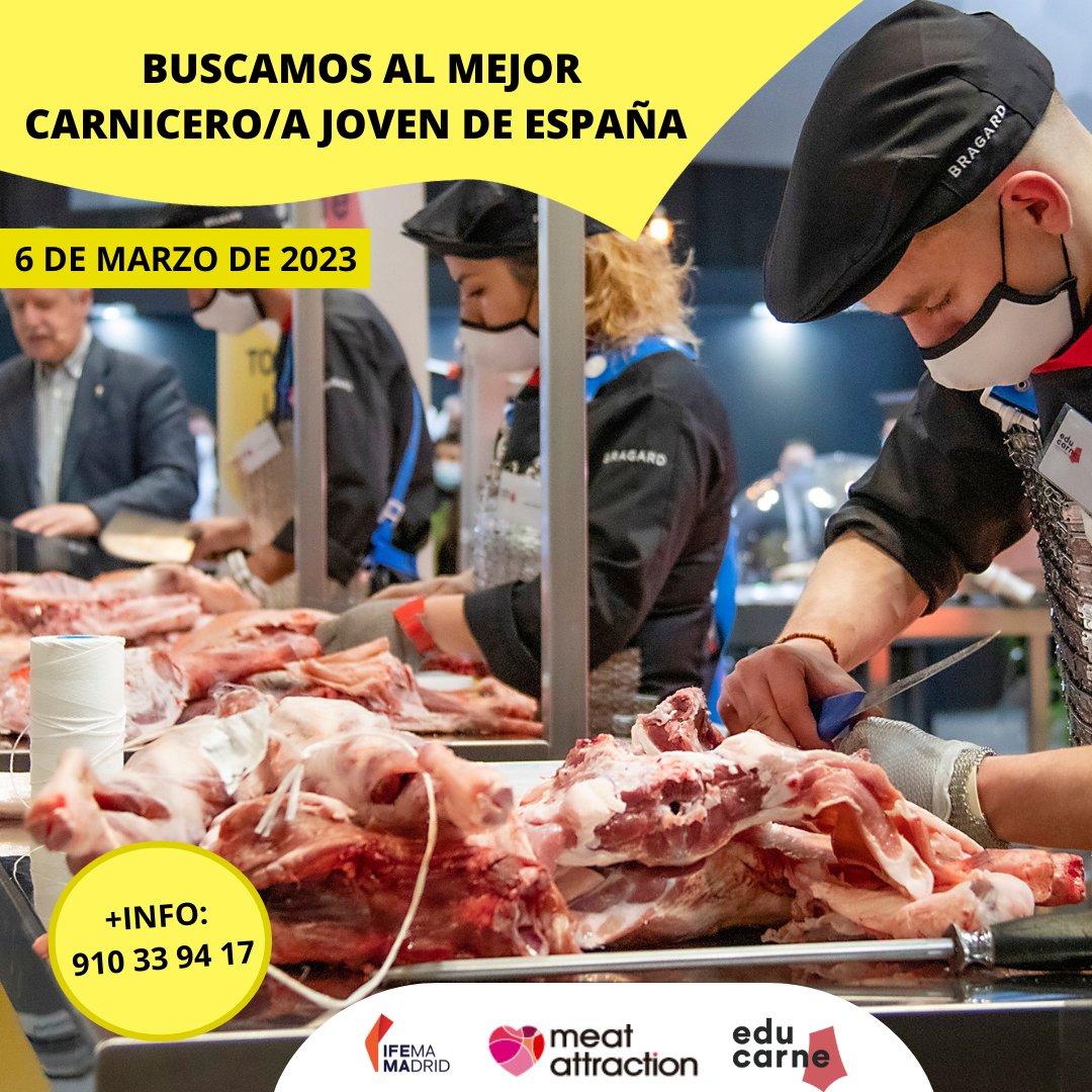 EducarneOficial's tweet photo. 📢¿Eres el mejor carnicero/a joven de España? ¡Pues te estamos buscando!👉Abrimos convocatoria de una nueva edición del concurso de Mejor Carnicero/a joven de España
🔴Dirigido a profesionales junior de menos de 35 años. 
🔴Fecha: 06/03/2023
🔴Inscríbete👉https://t.co/wcmajMz8He https://t.co/zrd6ryfRlX
