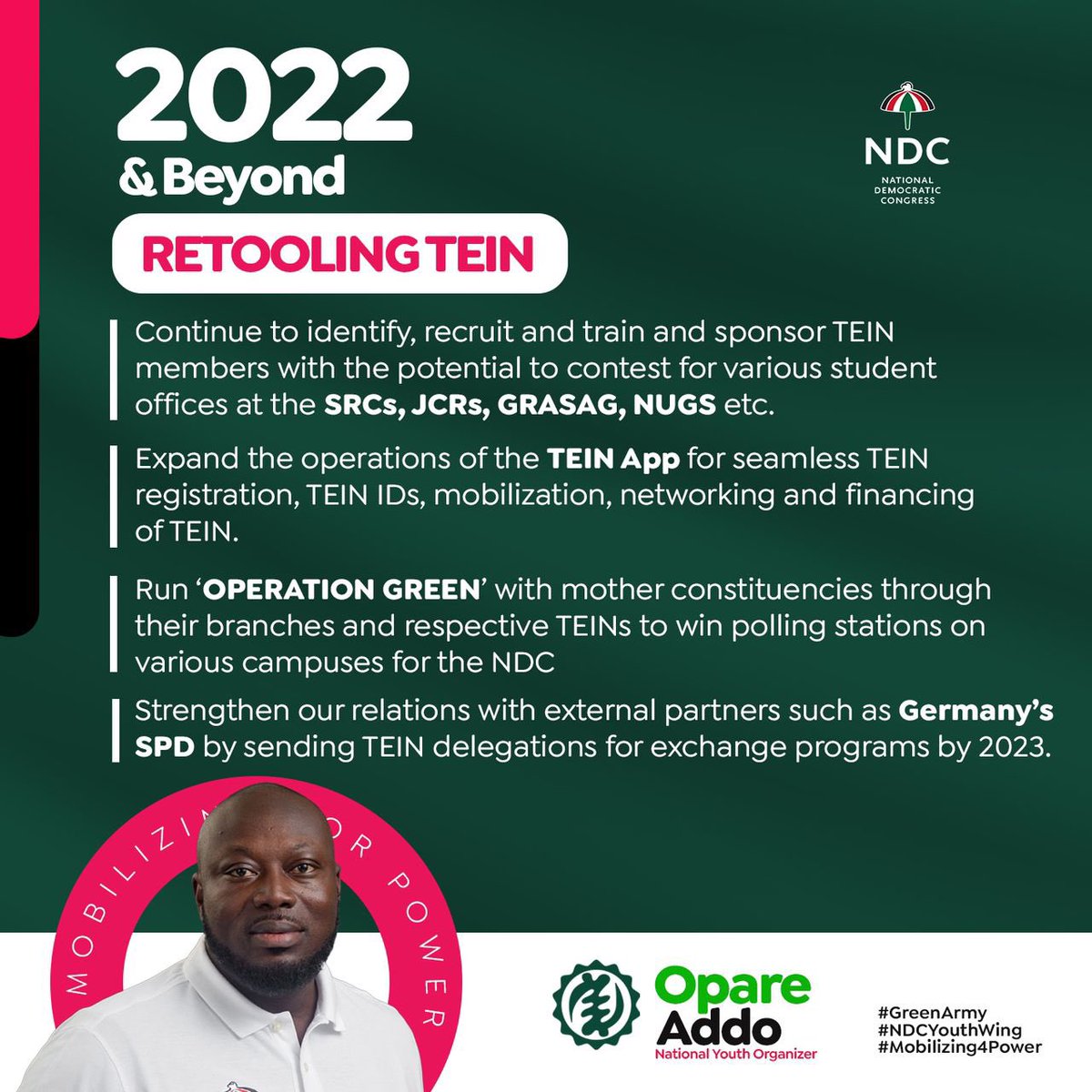 ms_asabea's tweet photo. Pablo will expand the operations of the TEIN App for seamless TEIN registration, TEIN IDs, TEIN Mobilization, TEIN networking and financing of TEIN programs on the various campuses.
#Pablo4NYO 
#GyeNyame 
#Go4Pablo https://t.co/Z4TzuXrrfa