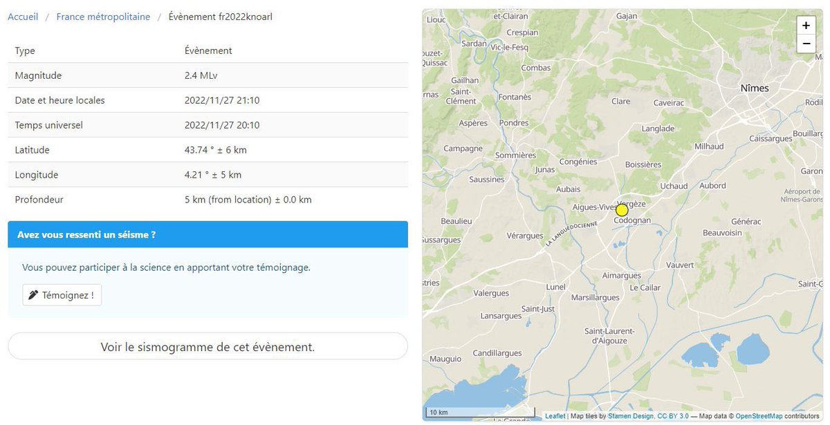 MeteoGard's tweet photo. 🔴 Vous êtes plusieurs à nous avoir signalé des secousses ce dimanche soir vers 21h10. En effet, léger tremblement de terre (magnitude 2,4) enregistré entre Codognan, Vergèze et Mus, avec signalements jusqu'à Vauvert, Uchaud, Le Cailar… #Gard 

(📸 RENASS @unistra ). https://t.co/Qjdl8oYufz