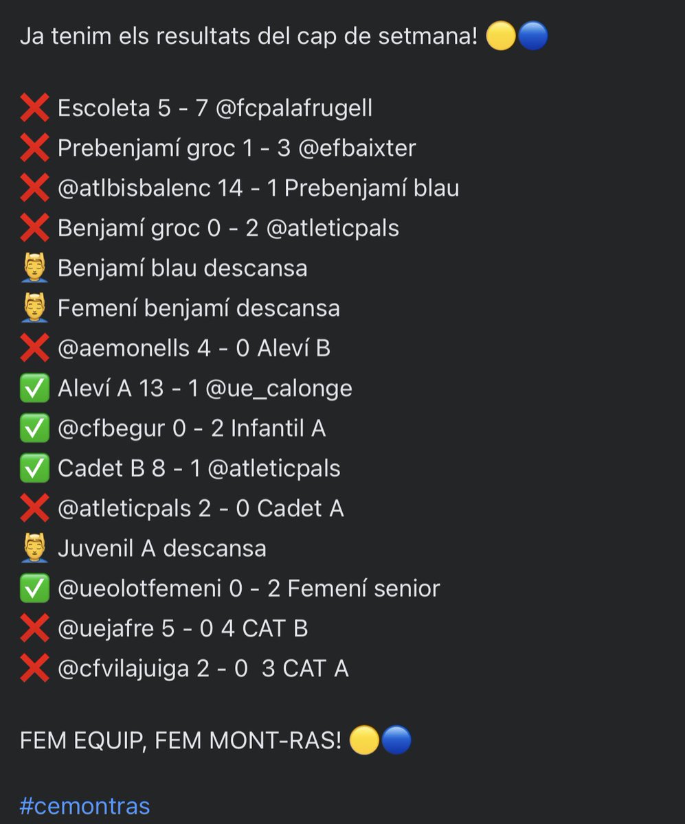CE_Mont_ras20's tweet photo. JA TENIM ELS RESULTATS DEL CAP DE SETMANA! 💛💙 https://t.co/hAivlGYNEu
