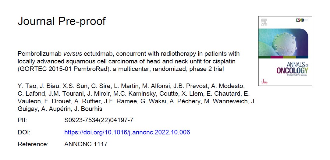 PBlanchardMD's tweet photo. The #GORTEC PembroRad trial is out @Annals_Oncology
Concomitant pembrolizumab and #radiotherapy for locally advanced head neck cancer #hncsm
TL/DR: pembro-RT less toxic but not more efficacious
Full text: https://t.co/VH5hB60SoI https://t.co/GF9wOpZ75k