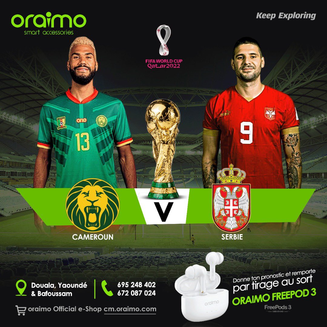 oraimocmr's tweet photo. 🤍#oraimo Team FootBall💚

On ris tu ris ? Tu sais même que le CONTINENT aujourd’hui ?🇨🇲🇨🇲🇨🇲🇨🇲

😎On arrêt tout un fois😎

2 Lots à remporter demain.

✅Quel est le pronostic de demain ?

✅Donner nous les noms des buteurs camerounais de ce match.
#CoupeDuMonde2022 #WorldCup2022 https://t.co/mTi3xRYvBd