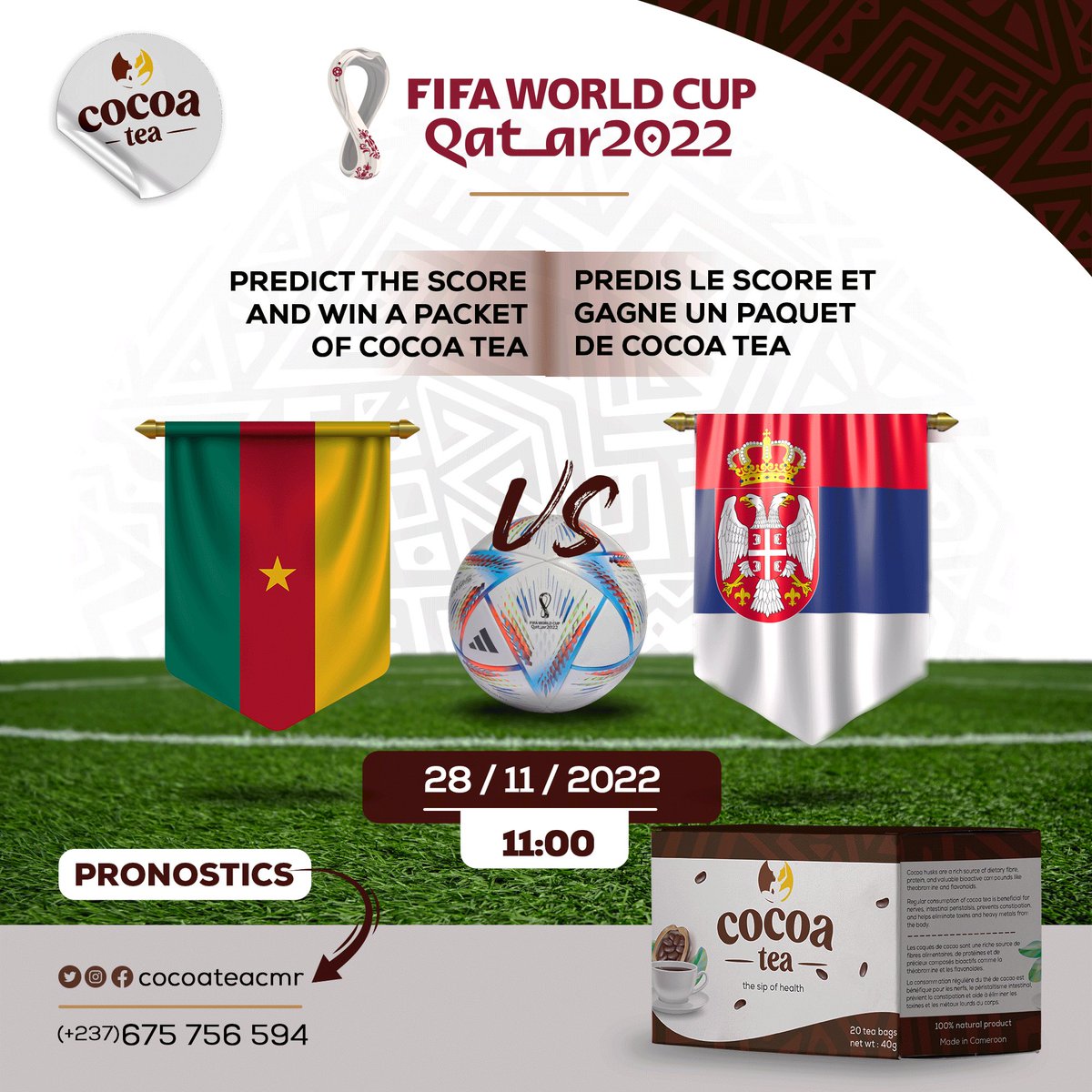 ManTiger_cmr's tweet photo. #WeGoWinThatCup 🏆
We have 500 packs of #cocoateacmr to give out during the course of the #FIFAWorldCup
To win, predict the right score of the match between #CMRvsSRB.
- Follow @cocoateacmr
- Use hashtags #moreri #cocoateacmr https://t.co/XFkwaXwyzv