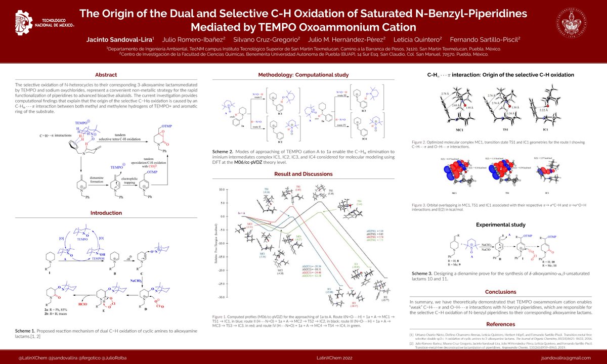 ‘Hi <a href="/LatinXChem/">LatinXChem</a>, @fergotico, <a href="/JulioRoIba/">Julio Ibañez</a>  this is my work ‘The Origin of the Dual and Selective C-H Oxidation of Saturated N-Benzyl-Piperidines Mediated by TEMPO Oxoammonium Cation’, #LatinXChem22 #LXChemOrg  #OC080  #BUAP #TecNM #ITSSMT #DFT ’