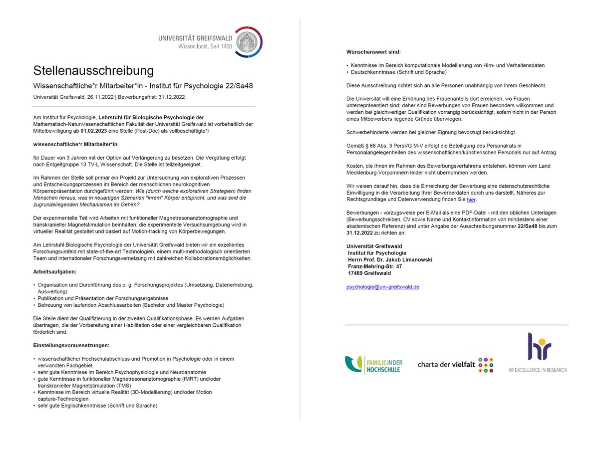 📢🤩 Post-Doc position in my lab <a href="/uni_greifswald/">Uni Greifswald</a>
3 years + extension possible

Come work with us on active exploration and decision making related to body representation, using fMRI and TMS! Deadline 31.12.

English: uni-greifswald.de/en/university/…

German: uni-greifswald.de/universitaet/i…