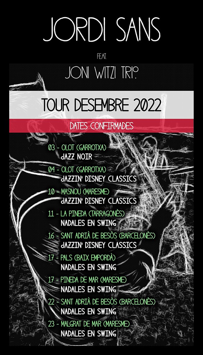 JSans_ft_JWtrio's tweet photo. 💥 A punt de començar un mes de desembre trepidant... Us deixem amb les dates que tenim confirmades fins a dia d'avui!!!

#JazzNoir 
#JazzinDisneyClassics 
#NadalesEnSwing https://t.co/4BP3CpV6U0