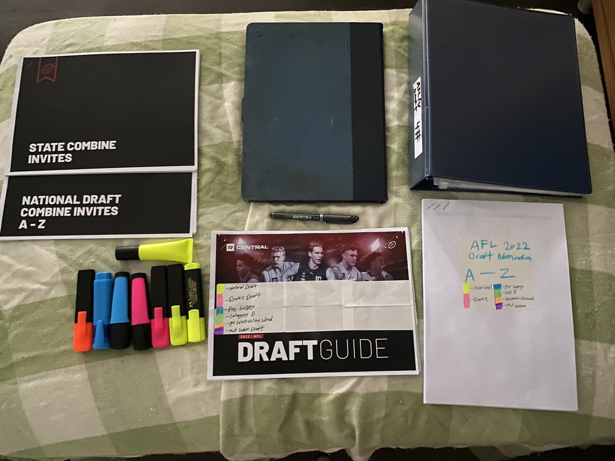 All ready for the 2022 <a href="/AFL/">AFL</a> draft! 
Notes ✅
Player profiles ✅
Highlighters and Pen ✅
Excited for the Draft ✅ 
Overkill of research ✅
Best of luck to all players for the upcoming drafts! 

<a href="/RookieMeCentral/">Rookie Me Central</a> <a href="/AFLDraft/">AFL Draft</a>