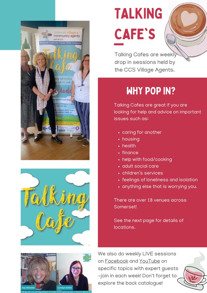 SomersetCarers's tweet photo. MONDAY 28th November
TODAY we have 3️⃣ Talking Cafes taking place, why not pop in to meet your local Village Agent!
📌 @thebeachhotel2
⏰ 10am-12 noon
📌@greatwestern_
⏰ 1.30pm-3.30pm
📌 @BishopsHullHub
⏰ 1pm-3pm
🌐https://t.co/KTuyF3zYwA
#ProblemSolvinginSomerset https://t.co/7Th7acFTlR