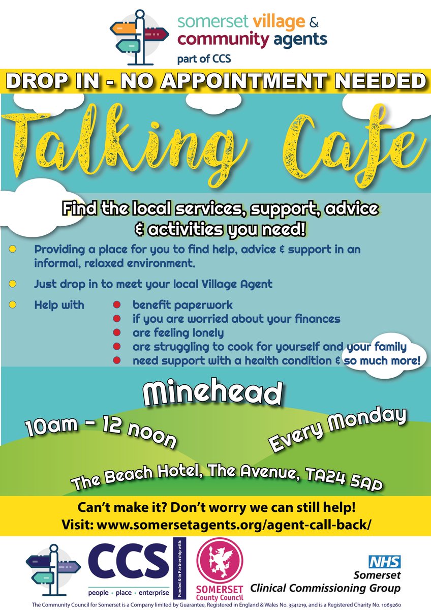SomersetCarers's tweet photo. MONDAY 28th November
TODAY we have 3️⃣ Talking Cafes taking place, why not pop in to meet your local Village Agent!
📌 @thebeachhotel2
⏰ 10am-12 noon
📌@greatwestern_
⏰ 1.30pm-3.30pm
📌 @BishopsHullHub
⏰ 1pm-3pm
🌐https://t.co/KTuyF3zYwA
#ProblemSolvinginSomerset https://t.co/7Th7acFTlR