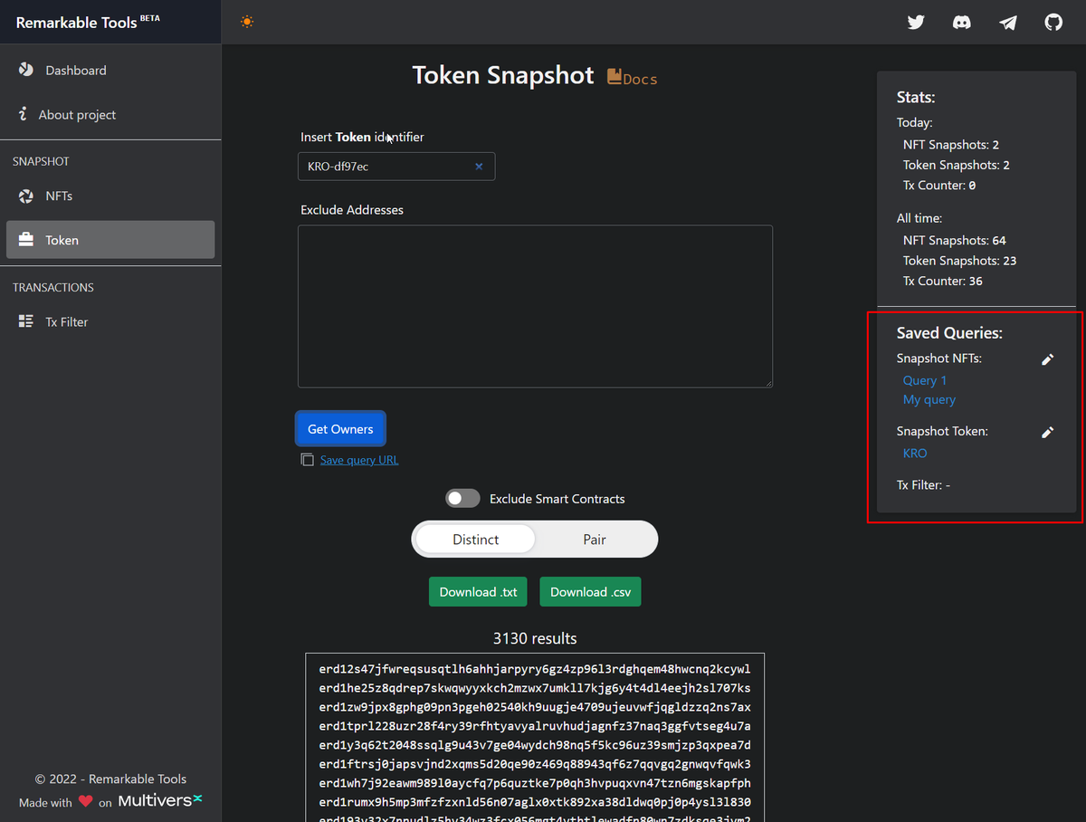 remarkabletools's tweet photo. 🛠 Release v0.2.2 is live and brings you in-browser saved queries.
#RemarkableTools #MultiversXTools

✅ Now you can save the queries in browser and use them later when you need
✅ Few bugs resolved
✅ Backend improvements https://t.co/Ro0NtFS1hU