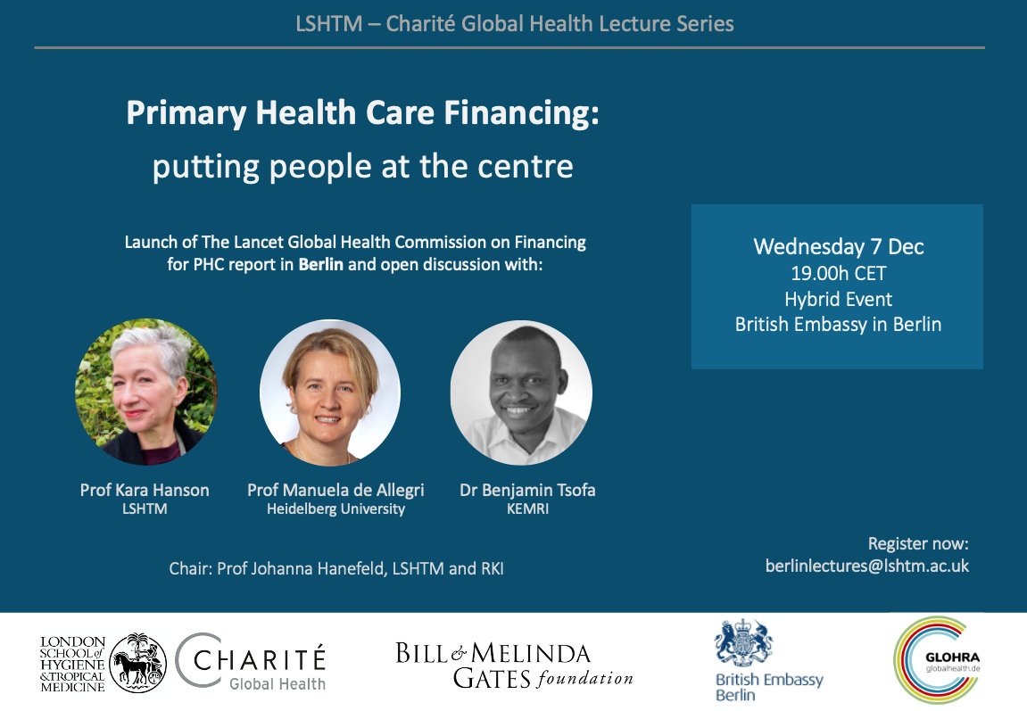📢Join us to discuss #PHC financing with <a href="/Karaghanson/">Kara Hanson</a> @ManuelaDeAllegr and <a href="/TsofaB/">Benjamin Tsofa</a>
 in Berlin🇩🇪!
🗓️Wed 7 Dec, 19-20.30 CET
➡️Hybrid event 
🔗Join online:bit.ly/PHC-f
Want to attend in person? contact berlinlectures@lshtm.ac.uk
<a href="/johanefeld/">Johanna Hanefeld</a> <a href="/LSHTM/">London School of Hygiene & Tropical Medicine</a> <a href="/globalhealth_de/">German Alliance for Global Health Research</a>