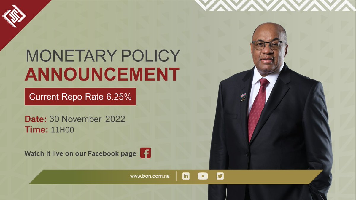 BankofNamibia's tweet photo. MPA| November 2022
The Monetary Policy Committee (MPC) will announce the monetary policy decision on Wednesday, 30 November 2022 at the Bank of Namibia.
Current Repo rate: 6.25%
#BankofNamibia #MPA2022 #BONMPA2022 https://t.co/vsa5JhJVES