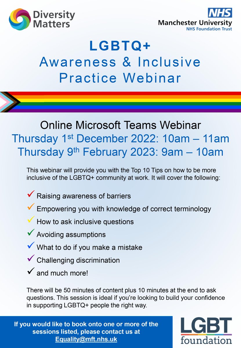 MFT_EDI's tweet photo. 📣 @MFTnhs staff 📣

We’ve partnered with the LGBT Foundation to deliver 2 LGBTQ+ Awareness &amp; Inclusive Practice webinars on 1.12.22 and 9.02.23. Email us at equality@mft.nhs.uk to book your place! https://t.co/9l46FoJsxz