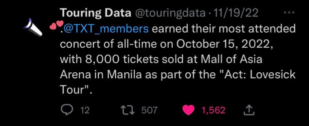 limejuniee's tweet photo. Apparently, Philippines was txt’s most attended concert of all-time! sold out for both shows 🇵🇭🔥

(happy to say that i was part of this ocean nakakaproud 🥺❤️)

#ACT_LOVE_SICK_SOLD_OUT
TXT SOLD OUT 1ST WORLD TOUR
#TOMORROW_X_TOGETHER 
#actlovesickinmnl 
@TXT_members @TXT_bighit https://t.co/zloH3cQ0tL