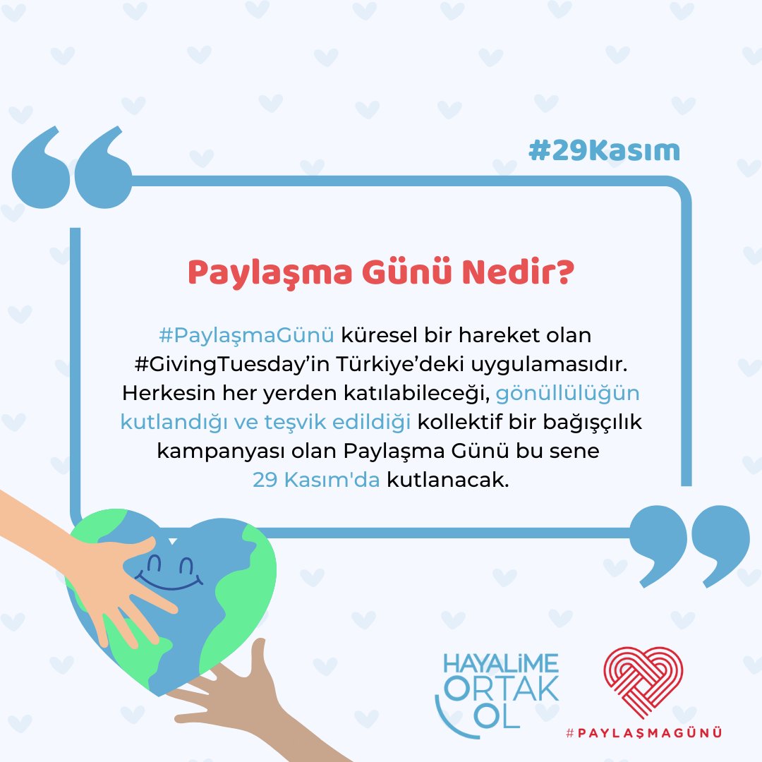 Daha cömert ve adil bir dünya hedefiyle düzenlenen #PaylaşmaGünü, bireylerin, sivil toplum kuruluşlarının, toplum liderlerinin, özel sektörün bir araya gelip yılda bir gün bağışçılık ve gönüllülüğü kutladığı ve teşvik ettiği bir kolektif bağışçılık kampanyasıdır. 💙✨