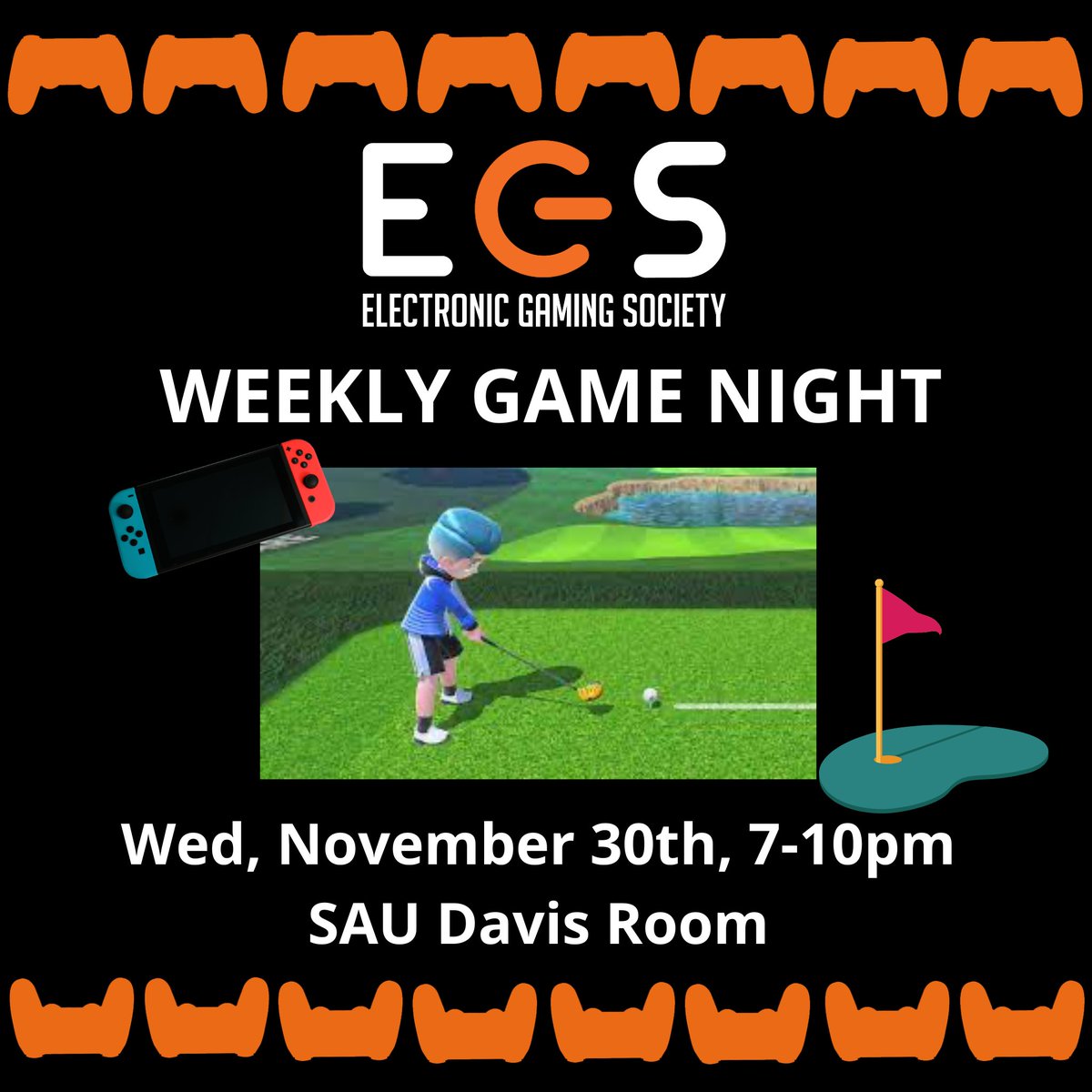 egsrit's tweet photo. Good morning Tigers! Welcome back from break. Hope you didn't stuff yourselves too full. We have a few weeks left till Winter break!
This week our feature is Switch Sports Golf! 
As always, we will also have:

Among Us VR
Jackbox 
Mario Party
Smash 
Open Xbox
Rockband

#rit #roc https://t.co/5vHnGxYb58