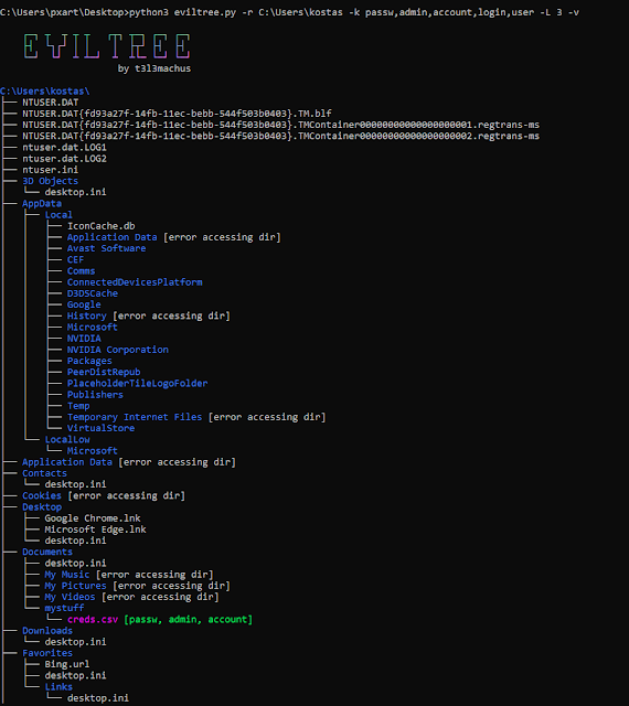 AcooEdi's tweet image. EvilTree - A Remake Of The Classic &quot;Tree&quot; Command With The Additional Feature Of Searching For User Provided Keywords/Regex In Files, Highlighting Those That Contain Matche dlvr.it/SdVFkJ #EvilTree #Infosectools #PrivilegeEscalation via KitPloit