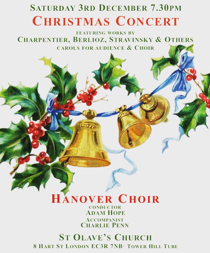 This Saturday, we’re hosting our annual Christmas Concert - a great way to kick off the Christmas season and get in the festive spirit! 
Featuring Yuletide favourites from Berlioz, Stravinsky, Charpentier &amp; more, plus carols for choir &amp; audience. 🎶🎄🎁🥧
hanoverchoir.org.uk/events
