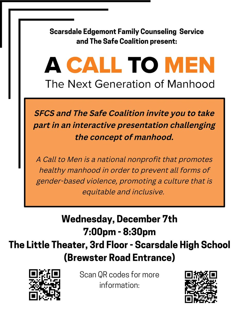 scarsdalelib's tweet photo. Our partners at the Scarsdale Edgemont Family Counseling Service and the Safe Coalition will be offering a program at Scarsdale High School on Wednesday, Dec. 7 at 7:00PM, promoting a culture that is  equitable and inclusive.  

#Scarsdale #ACallToMen @SFCS10583 https://t.co/wBbpNCvIEc