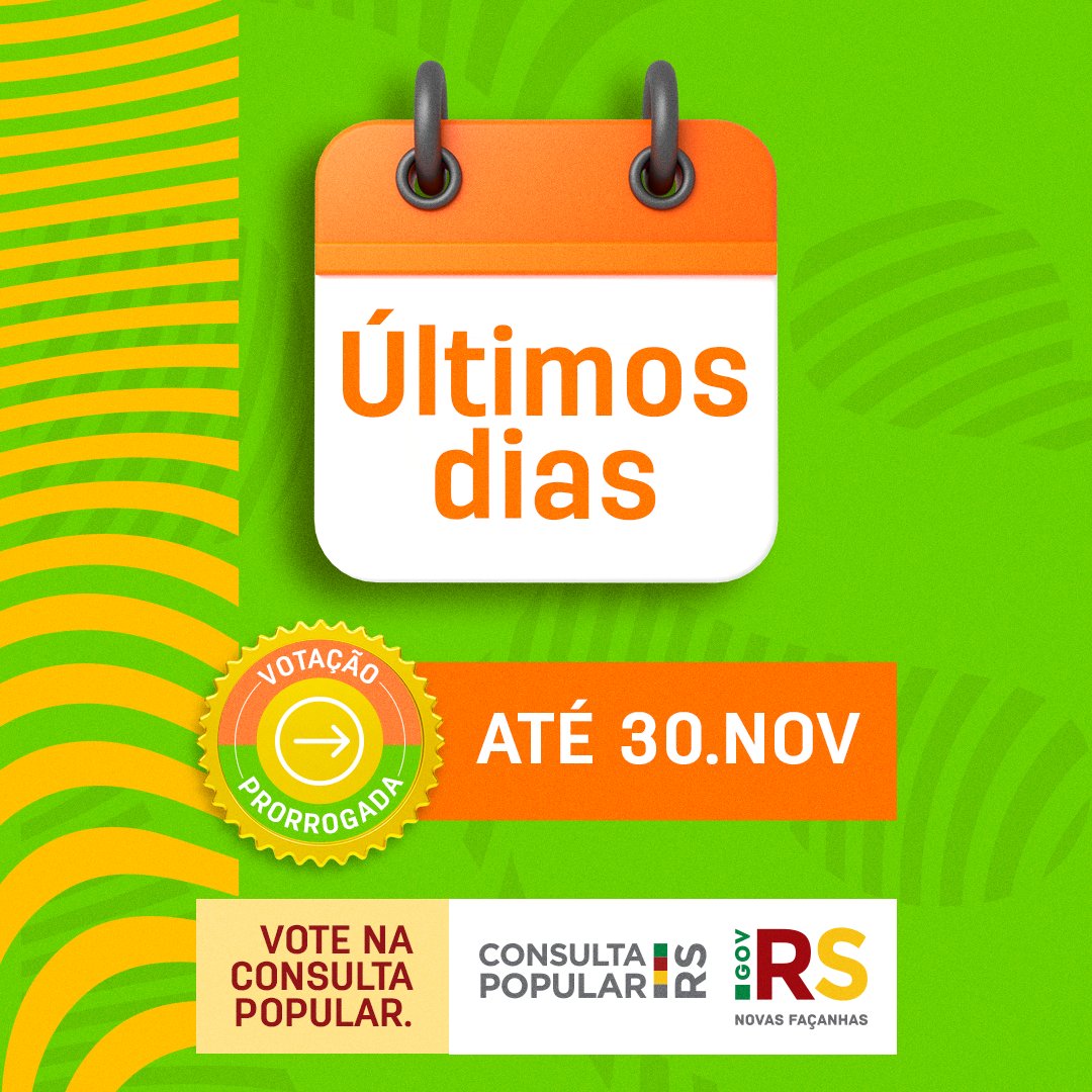Votação da Consulta Popular prorrogada até 30/11! 
Escolha o projeto que vai ajudar no desenvolvimento da sua região.
É só acessar o site consultapopular.rs.gov.br