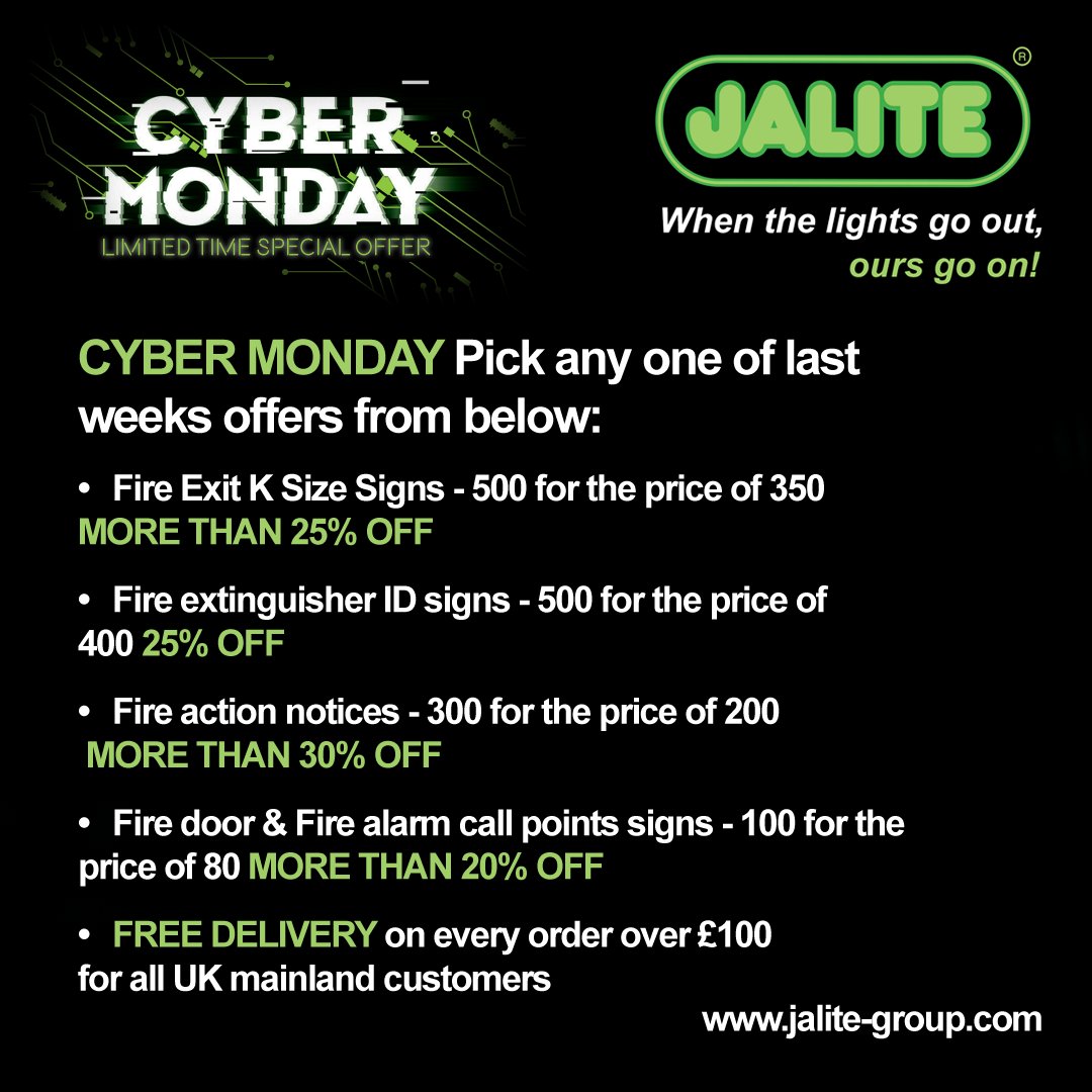 CYBER MONDAY- your chance to get all the discounts from Black Friday week AND FREE delivery on all orders over £100!

Don't miss out on the last chance to get quality JALITE photoluminescent signs for lower prices!

Contact us at sales@jalite.com &amp; +44(0)1268242300 for more info