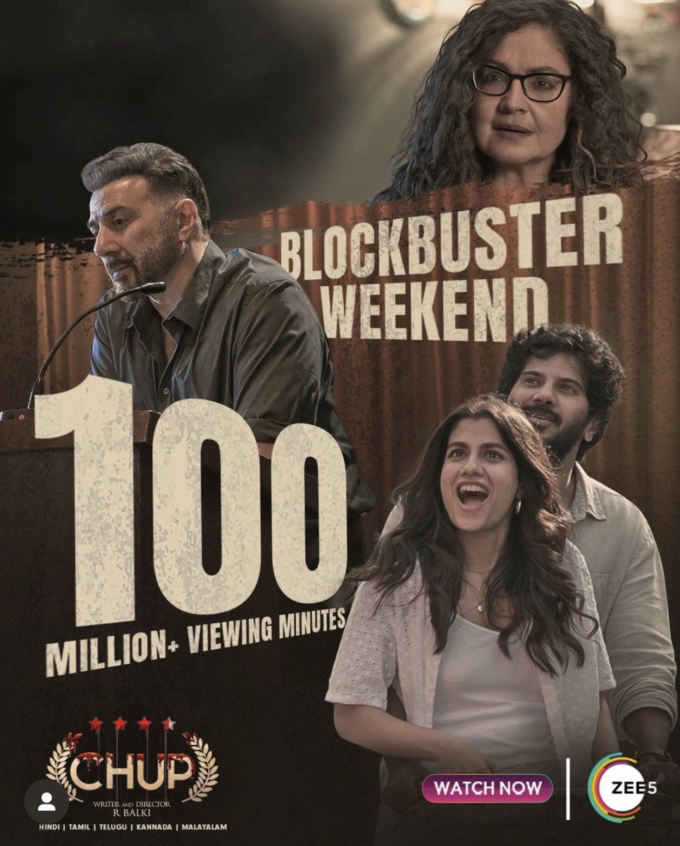 It's 1️⃣0️⃣0️⃣ Million + viewing minutes for #Chup . Thank you for your time and love!! 😭❤️
 @iamsunnydeol @dulQuer @PoojaB1972 @saranyaponvanan #RBalki @vishalsinha_dop
@HopeProdn @rajeevactor @RajaSen @swanandkirkire @ZEE5Global @shreyadhan13 
#SunnyDeol #DulquerSalmaan