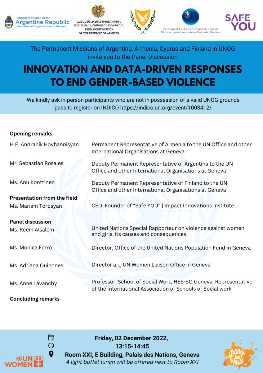 Armembsuisse's tweet photo. 2 December 2022 join @Armembsuisse @ArgentinaONUOMC @CyprusInGeneva @FinlandGeneva @unwomengeneva @SafeYOUapp1
in an important panel discussion on #InnovationAndData to End #GBV https://t.co/TvU7FQEw4t