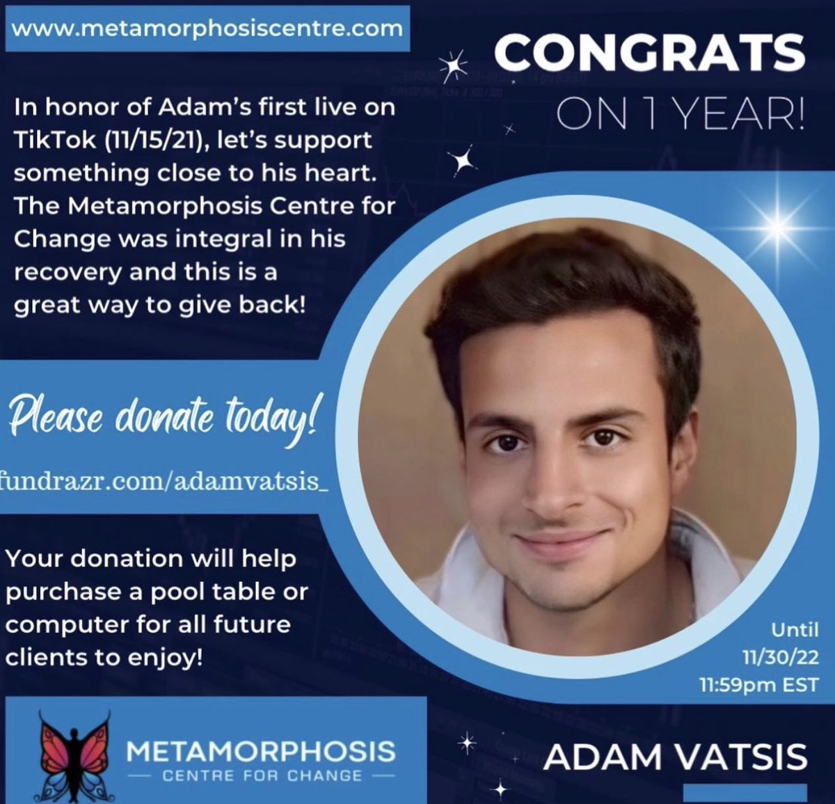 Adamversary's tweet photo. Only 2 days left to donate to the fundraiser for the Metamorphosis Centre in honor of Adam. No amount is too small and there is a long way to go in reaching our goal. Thank you so much to those who have already given. https://t.co/eLDlv8YC7D