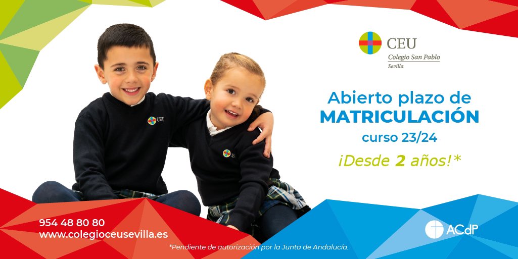 CEUAndalucia's tweet photo. 📚Abierto plazo de matriculación para el curso 2023-2024 | #Colegio CEU San Pablo Sevilla.  
 
#Infantil · #Primaria · #ESO · #Bachillerato 
 
➡️Contacte con nosotros y solicite toda la información que necesite en el siguiente enlace https://t.co/LFxCvqLAid https://t.co/OnJWG7IkTL