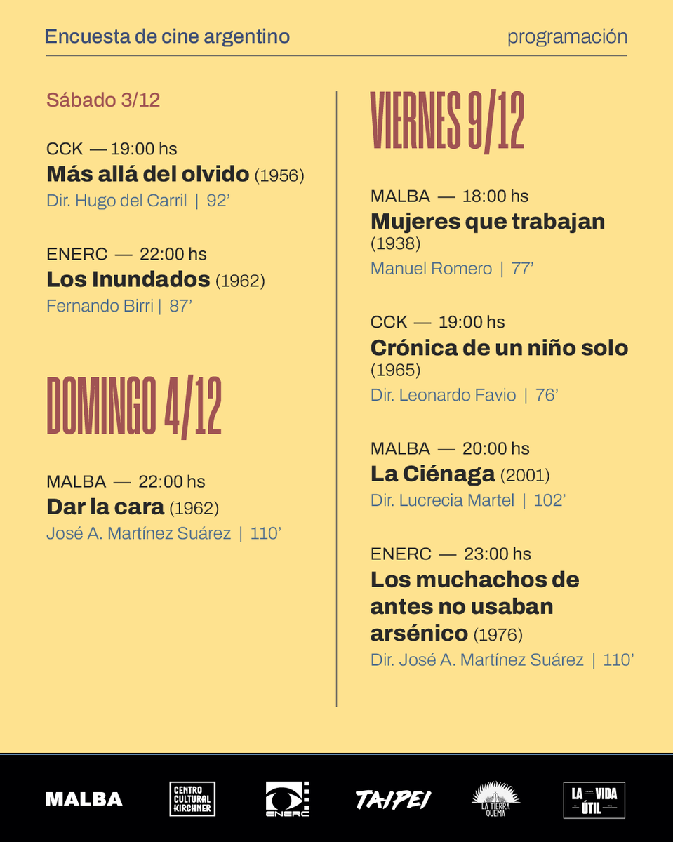 POR LA CINEMATECA NACIONAL

Tenemos el agrado de invitarles a un ciclo de 40 proyecciones curadas por Fernando Martin Peña, durante diciembre, en tres espacios: MALBA, ENERC y CCK, donde estaremos presentando algunas de las películas más votadas del top 100.