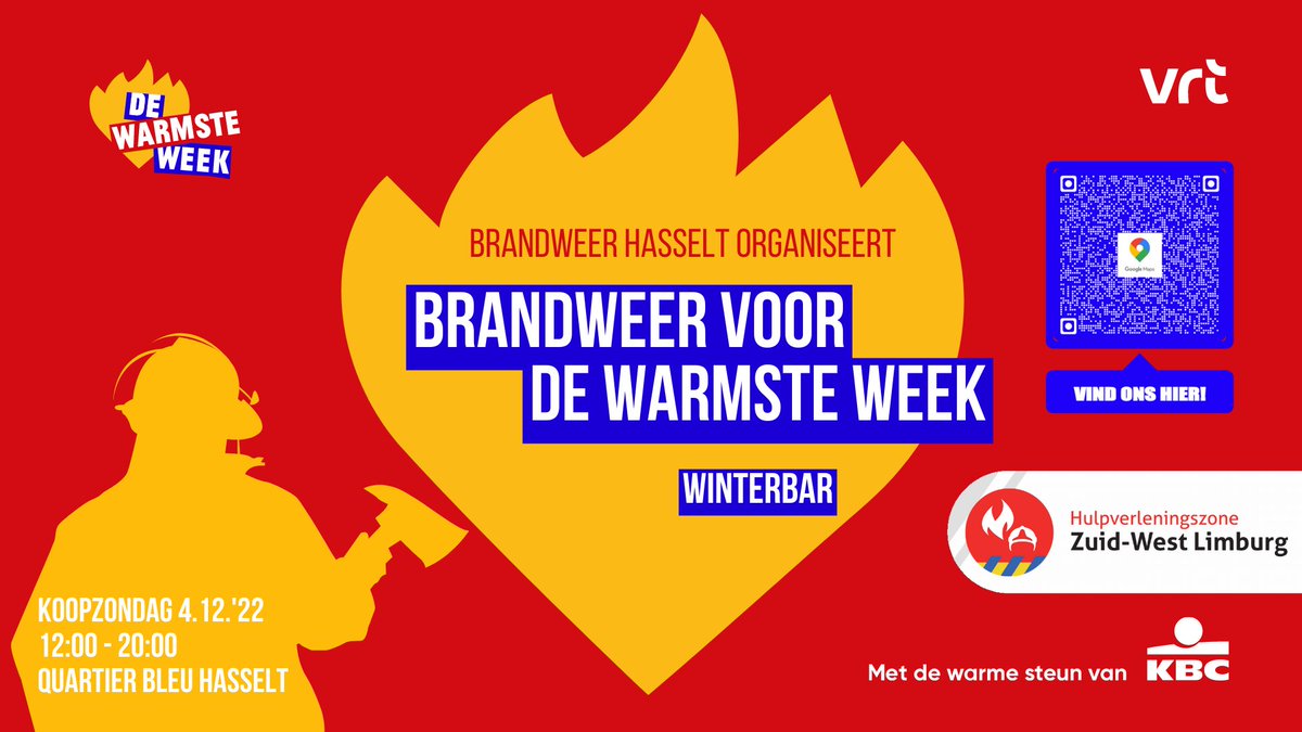 BrandweerZWL's tweet photo. Ook wij steunen @DeWarmsteWeek. Doe je mee? Kom op koopzondag 4/12/'22 naar het Verbindingsplein in Hasselt en drink/eet iets lekkers aan onze #winterbar. Selfies met de #brandweer kunnen ook. Wij zorgen voor sfeer & live muziek #dwwhasselt #DWW #dww22 #zeghetvoort #delenislief https://t.co/shaoR44Z8D