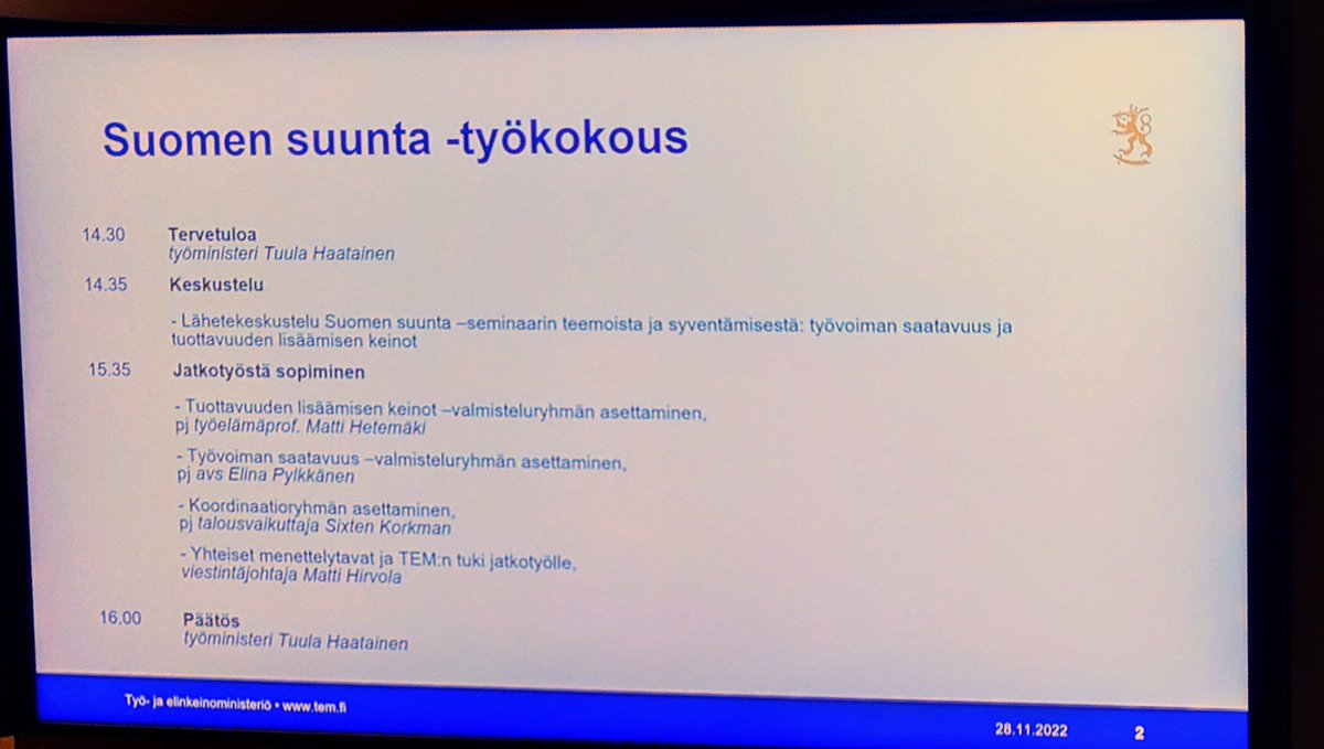 Työmarkkinajärjestöjen ja TEM:n yhteinen Suomen suunta -työryhmätyö käynnistyy. Tavoitteena on tuottaa eväitä seuraavalle hallitukselle tuottavuuden parantamiseksi ja työvoiman saatavuuden varmistamiseksi. #KT