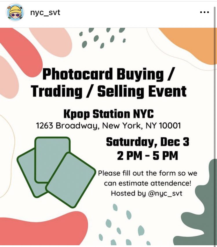 kpopnyc's tweet photo. ✨photocard buying/trading/selling event hosted by @nyc_svt✨
🗓Saturday Dec 3rd
⏰2:00pm - 5:00pm
📍Kpop Station NYC
📝sign up form: https://t.co/KlRM6Ino3m https://t.co/OHsozbRiwG