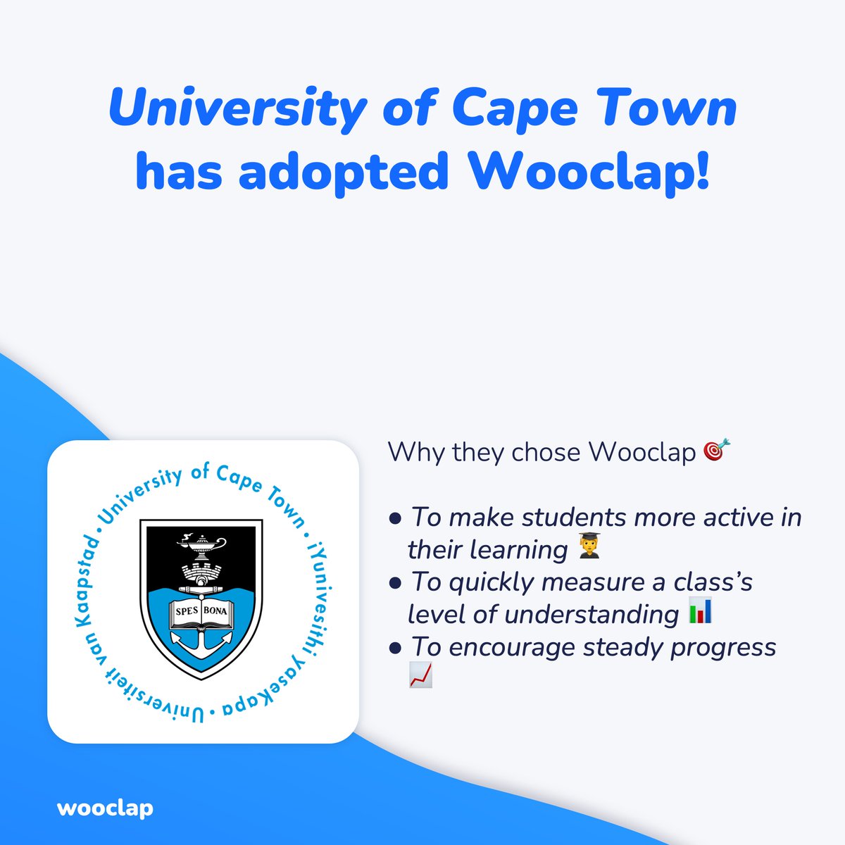 wooclap's tweet photo. 🇬🇧 #WooclapPartners
📣 Did you know that Wooclap is now available at @UCT_news ?
Our committed partners are some of the best in the world for educational innovation. 👏

#education #edtech #highered #educationalinnovation #innovationpedagogique #neuroscience https://t.co/xAKDnBlOuB