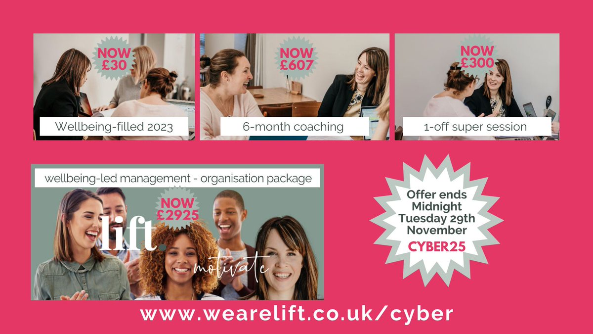 LiftWorkplaces's tweet photo. 48-hour Cyber Monday sale: 25% off our 4 most popular products:

Wellbeing filled 2023 workshops
Super Session coaching
6-month coaching
AND
**12-month FULL ORG management training programme**

use coupon code cyber25

https://t.co/GWduFNUxM0

! Subscribers check your emails ! https://t.co/coD3ovEqyT