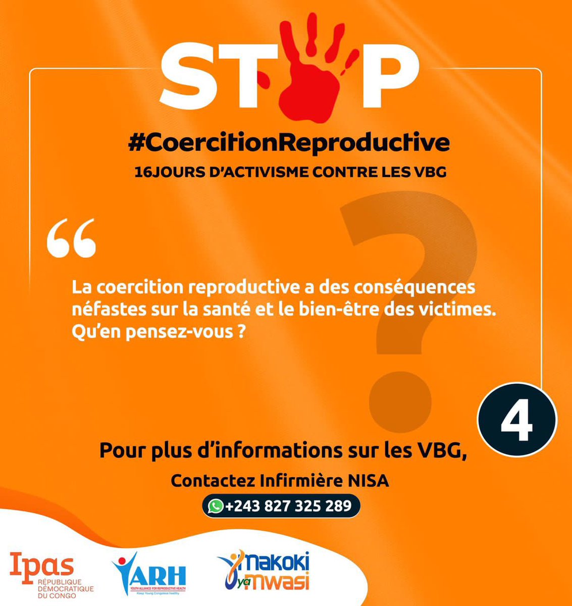 Nicol_Mayuwano's tweet photo. #OrangezLemonde🧡: partant des conséquences néfastes qui découlent de celle ci ; arrêter avec la #CoercitionReproductive c’est sauvé la vie 👌🏻.
#StopVBG #StopCoercitionReproductive
@IpasOrg @MakokiYaMwasi @yarhdrc @mpoyi @Mulunda_JC https://t.co/sIV7Zzaiob