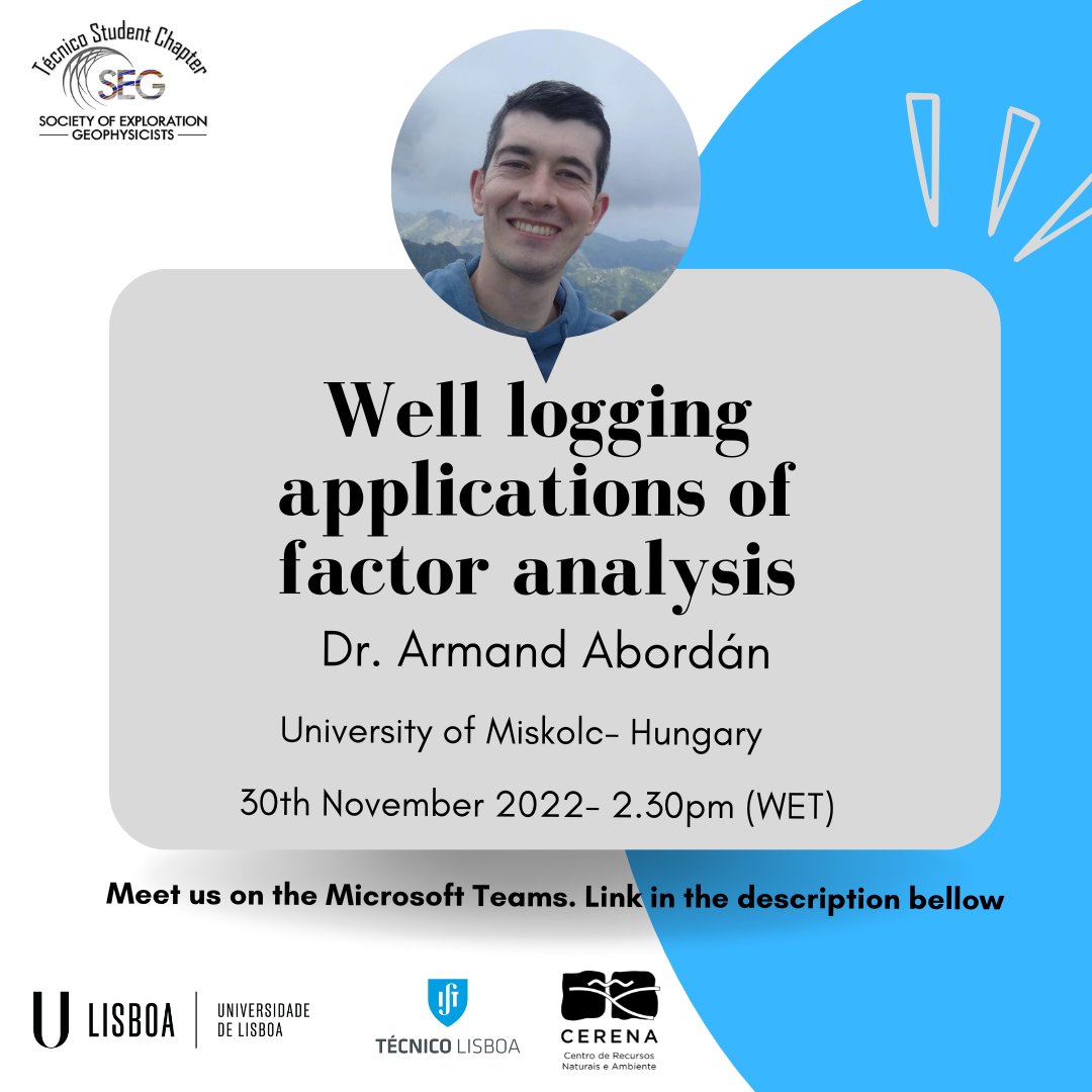 SEGLisbonSC's tweet photo. UPDATE! Wednesday, November 30th, the Lisbon SEG SC will promote a seminar about well logging applications of factor analysis. Join us at 2.30pm clicking on the link bellow. #SEGLisbonStudentChapter #SEGStudentChapter #SEG
https://t.co/liez9XHC3B https://t.co/Mf0o7MzRMS