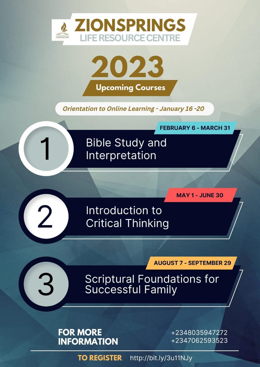Zionsprings Life Resource Centre training and discipleship courses for 2023 are hereby advertised. Please click on this link: bit.ly/3Vf5J5o to register your choice.