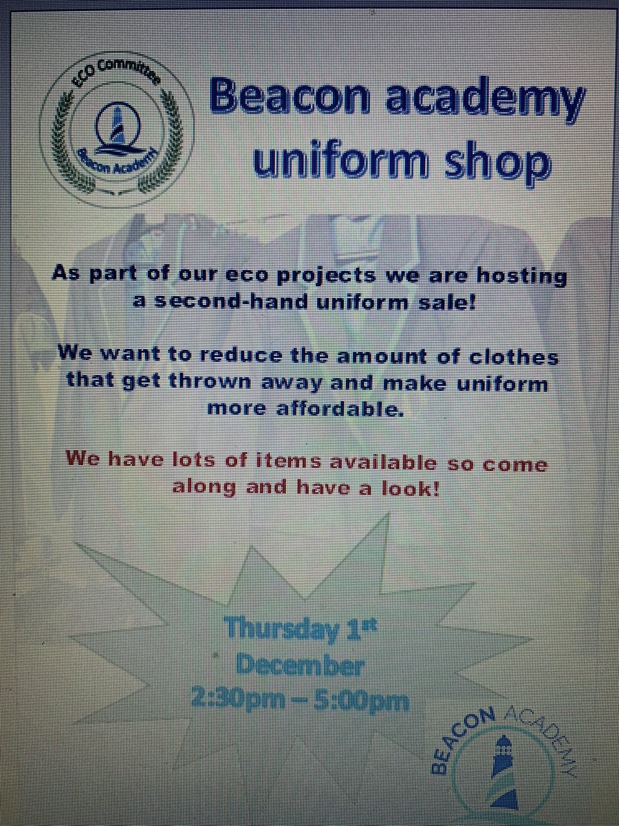 AmberLeBon2's tweet photo. Beacon academy’s first second hand uniform sale will be this Thursday 2:30-5:00. Come along and help us reduce clothing waste! https://t.co/guvjMbnqzb